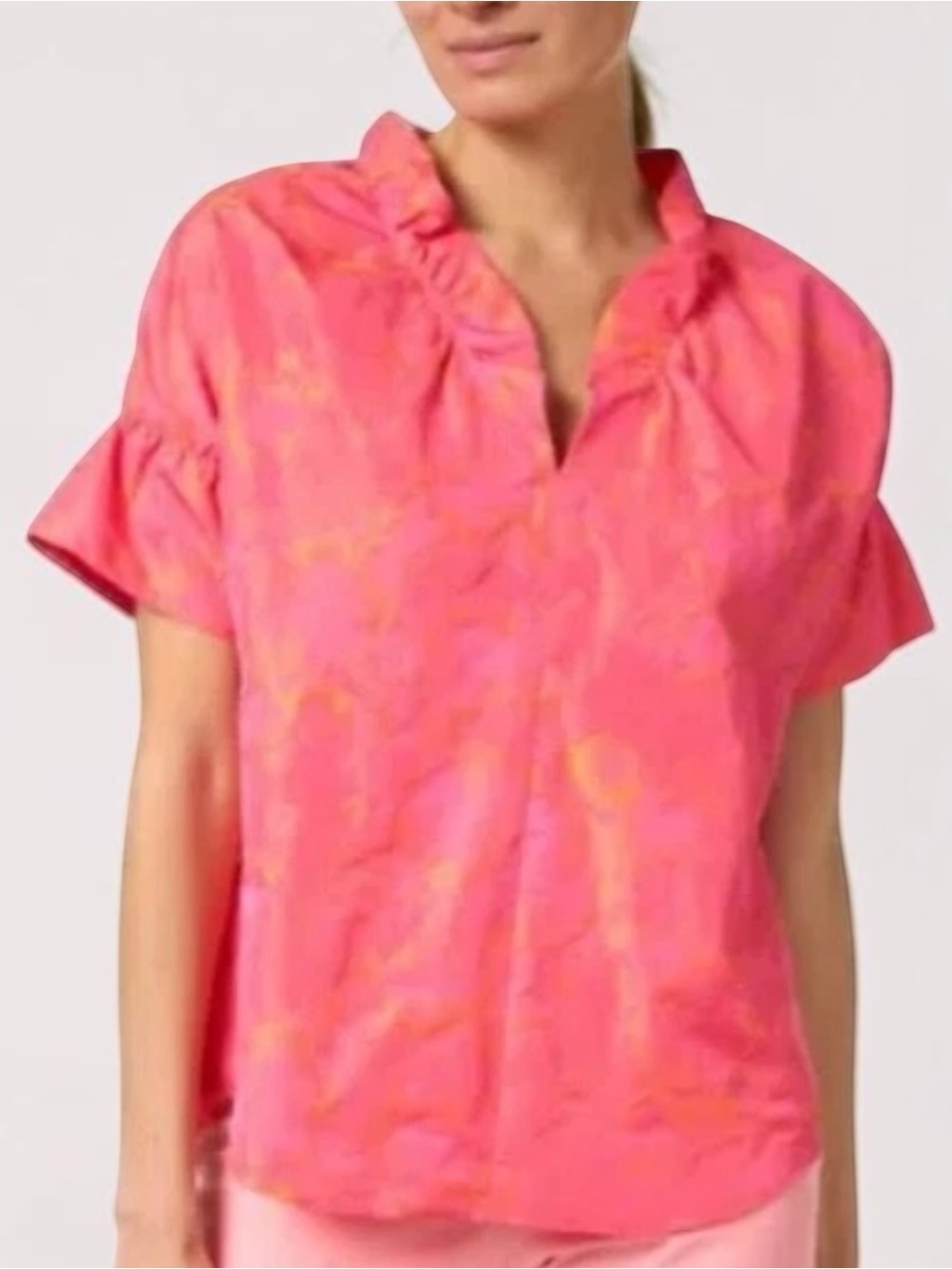 Finley Crosby Top Neon Rose Floral Jacquard Ruffle Neck Blouse Pink Orange L - Picture 2 of 11